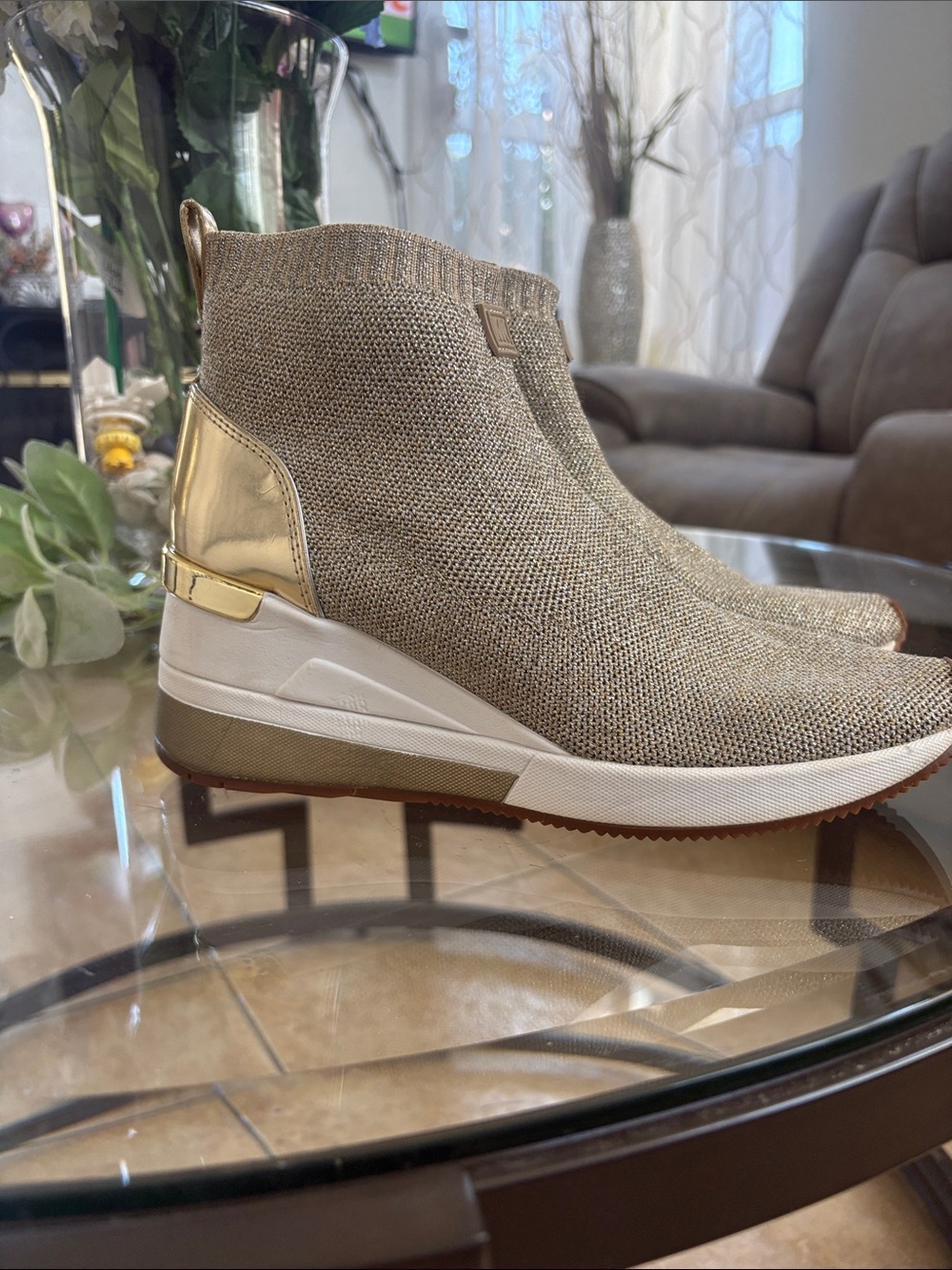 Michael Kors Gold Knit Wedge Slip-On Sneakers